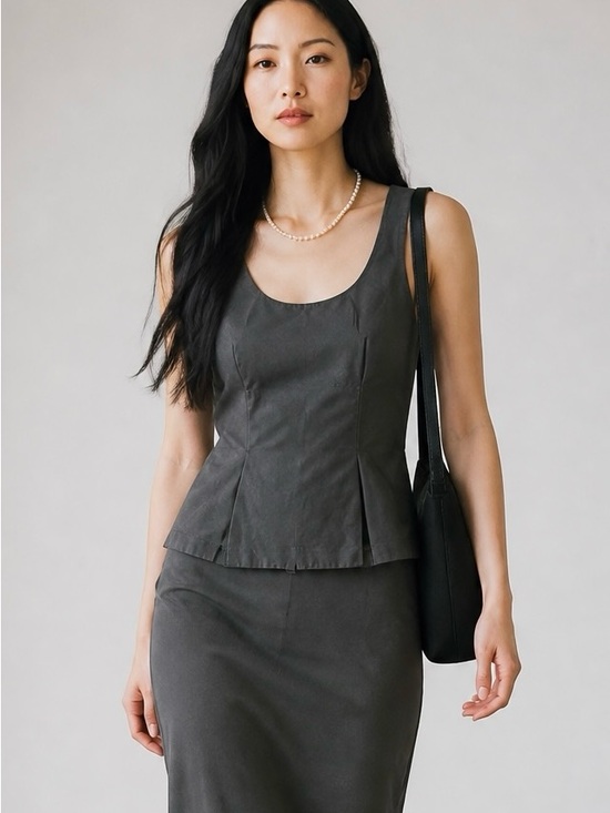 COS Tops - COS Sz M Charcoal Gray Sleeveless Cotton Silk Corset Blouse Top Button Back 38